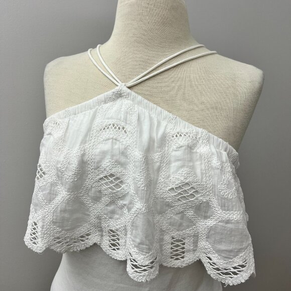 Anthropologie Strappy Eyelet Lace Ruffle Trim Halter Top White Sz Small Ribbed - Picture 3 of 11